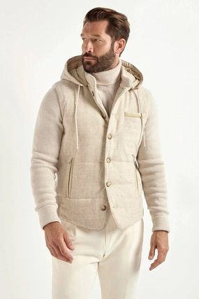 Sand flannel and knit hooded jacket - Made in Italy