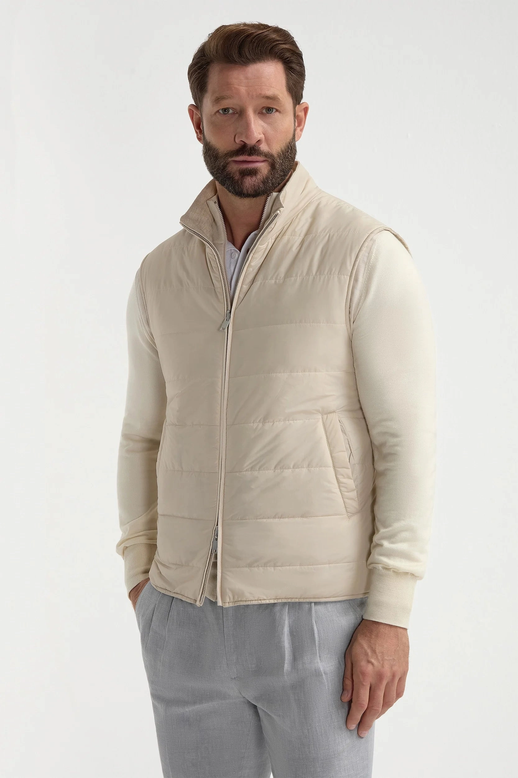 Sand herringbone reversible vest - Made in Italy