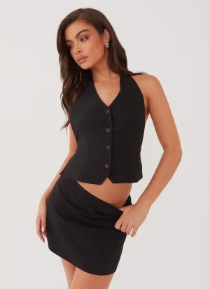 Sarah Mini Skirt - Black Twist Front Design button detail