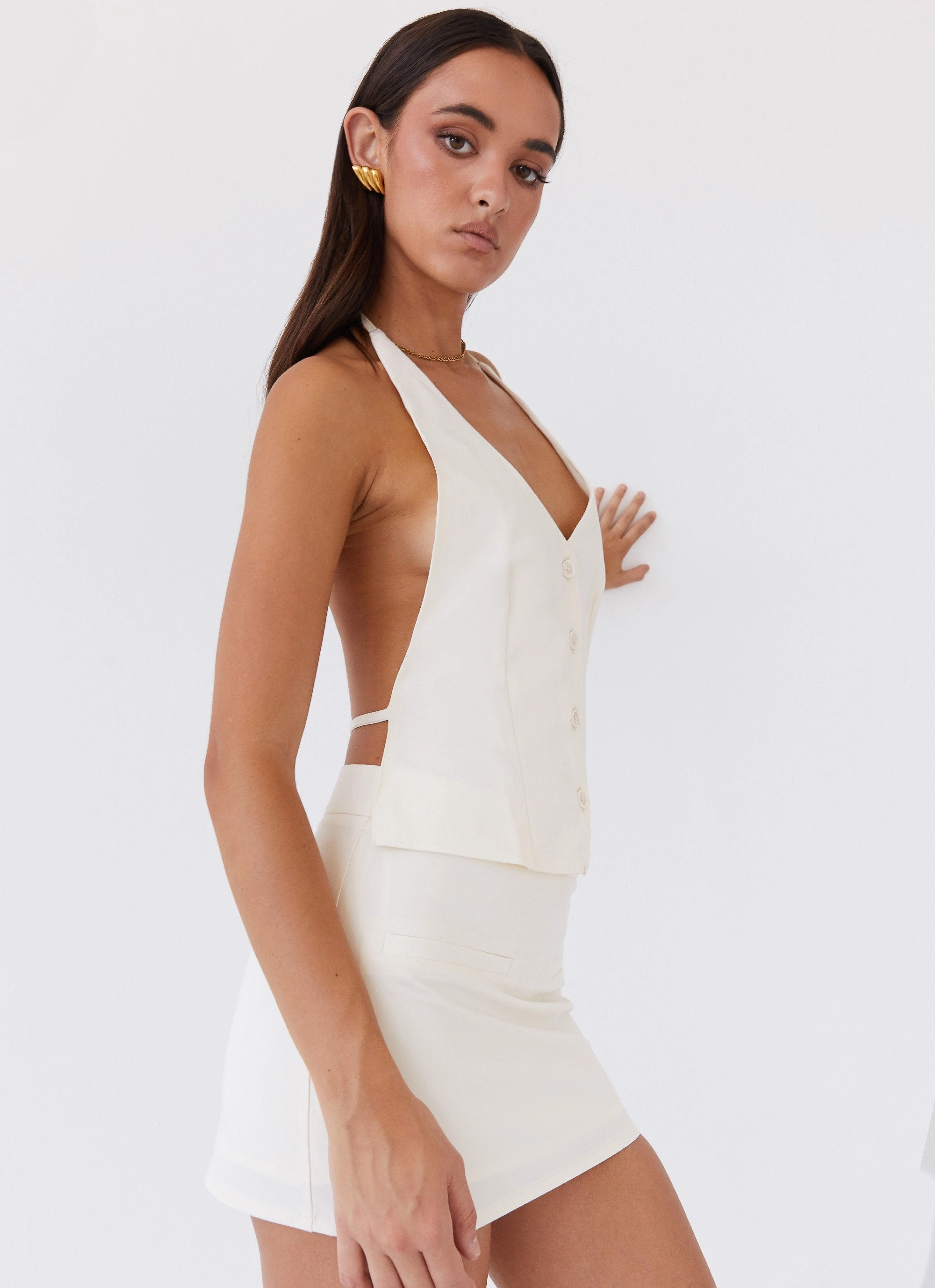 Long Sleeve Polo Sarah Halterneck Vest Top - Ivory