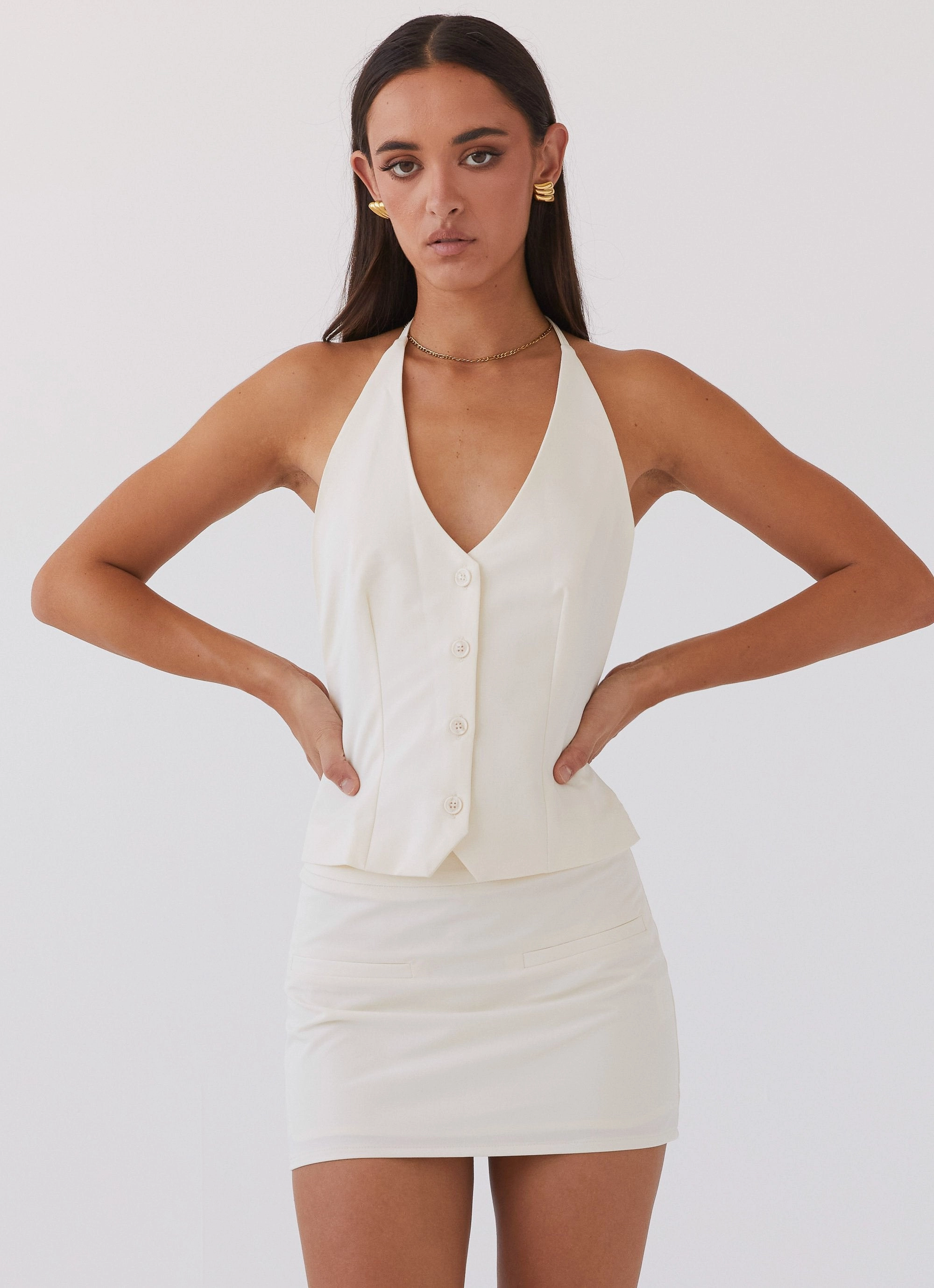 YarnDyedFabric Sarah Halterneck Vest Top - Ivory