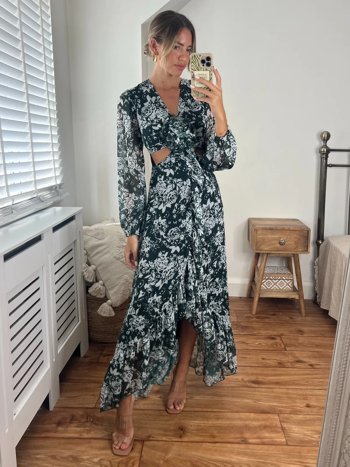 Elastic-Waist Sasha Corsage Cut Out Maxi Dress / Green Floral