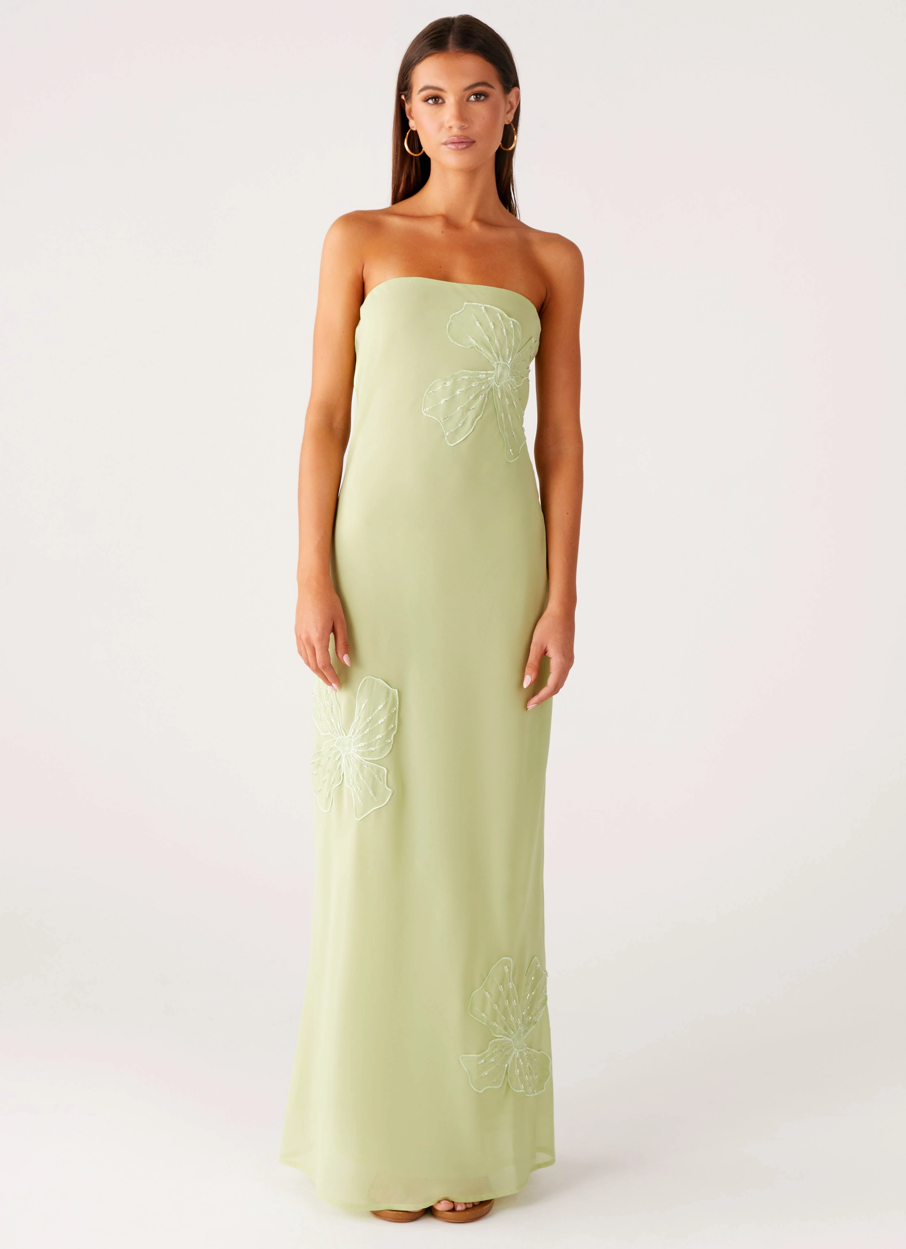 Sassafras Beaded Flower Strapless Maxi Dress - Lime Semi Sheer