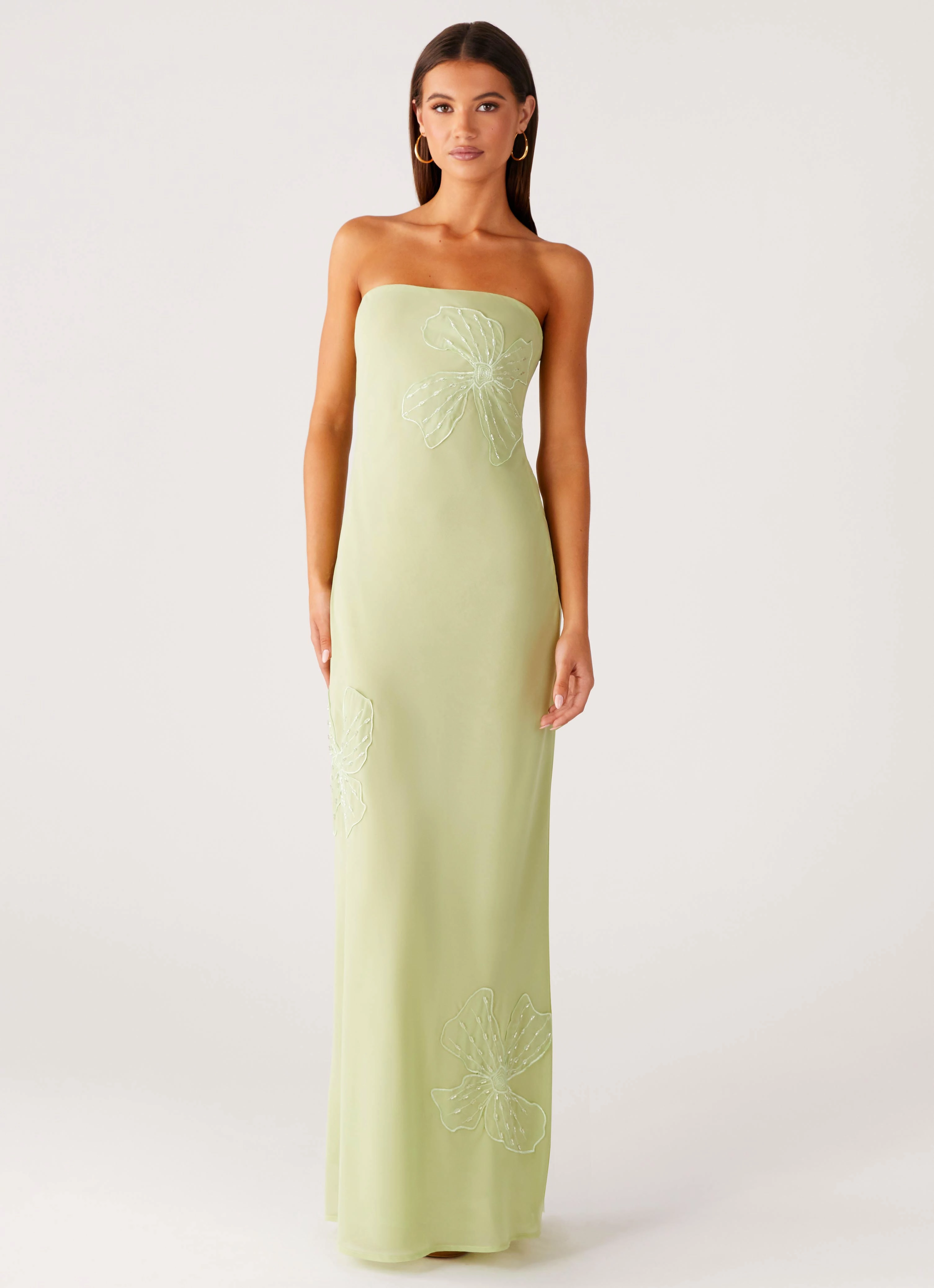 Sassafras Beaded Flower Strapless Maxi Dress - Lime Cool Layers Feminine full-length gown