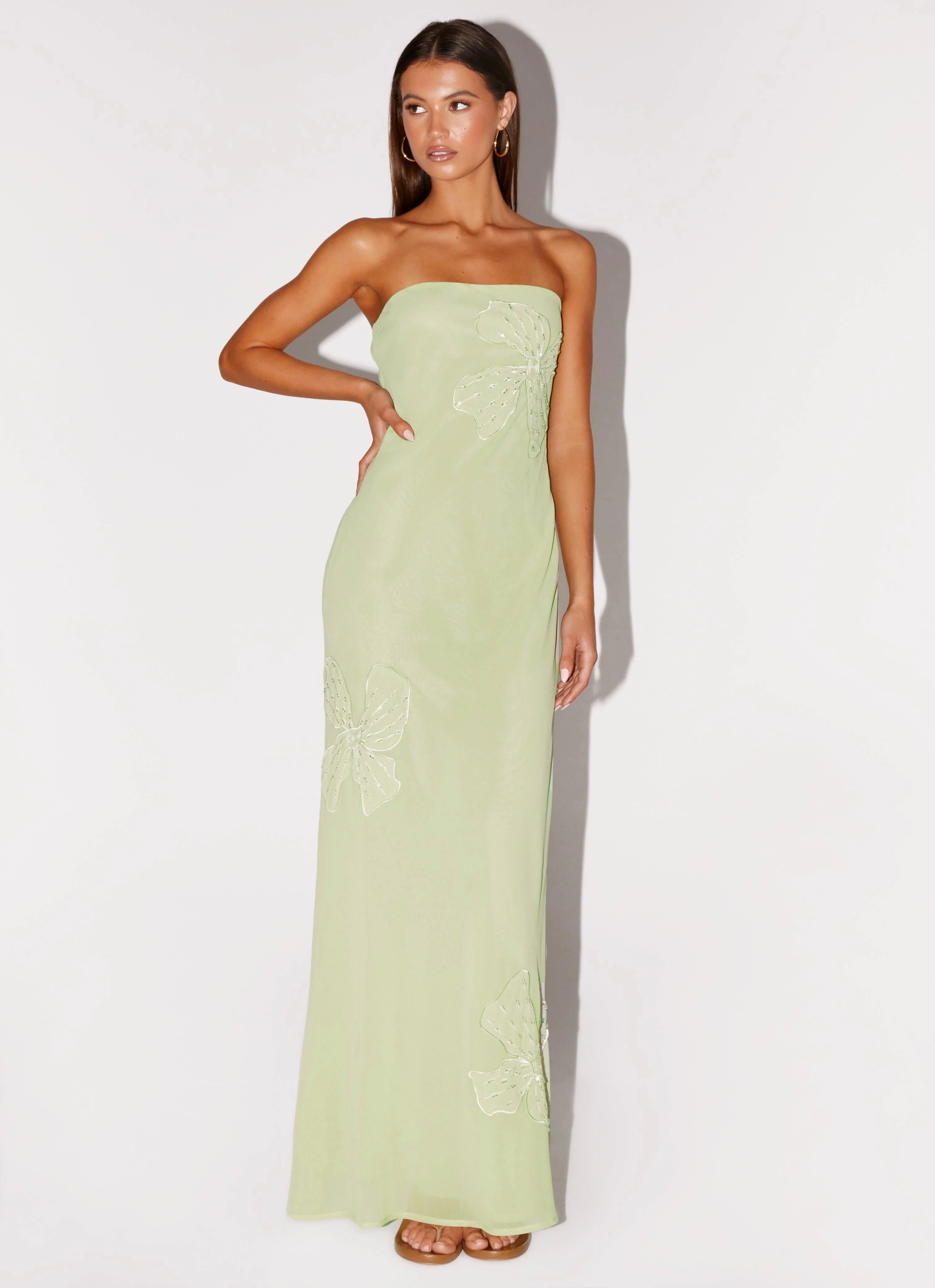 Sassafras Beaded Flower Strapless Maxi Dress - Lime LightweightMaterial Coastal Soft