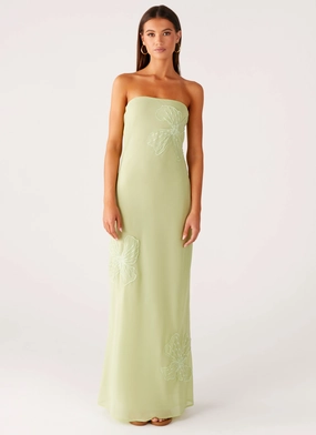 Sassafras Beaded Flower Strapless Maxi Dress - Lime Retro Flair Sassafras Beaded Flower Strapless Maxi Dress - Lime Semi Sheer