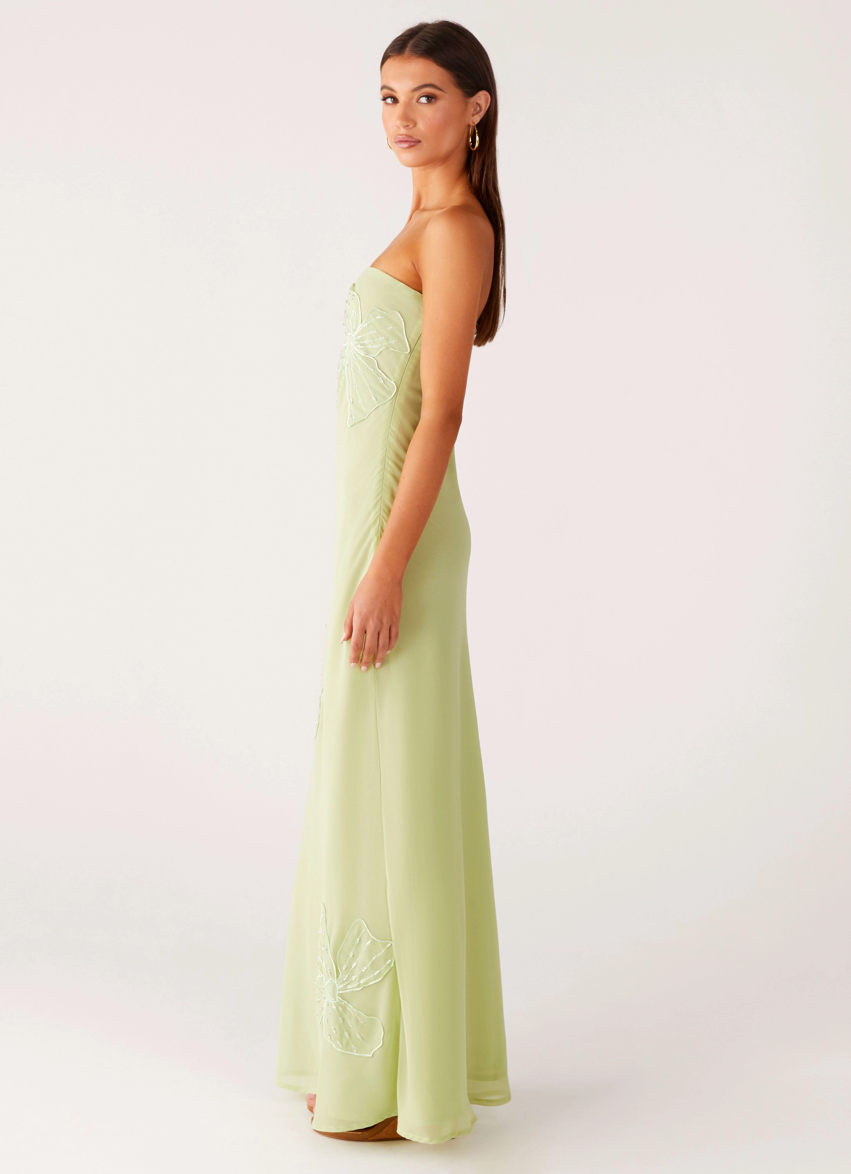Sassafras Beaded Flower Strapless Maxi Dress - Lime Subtle Lines