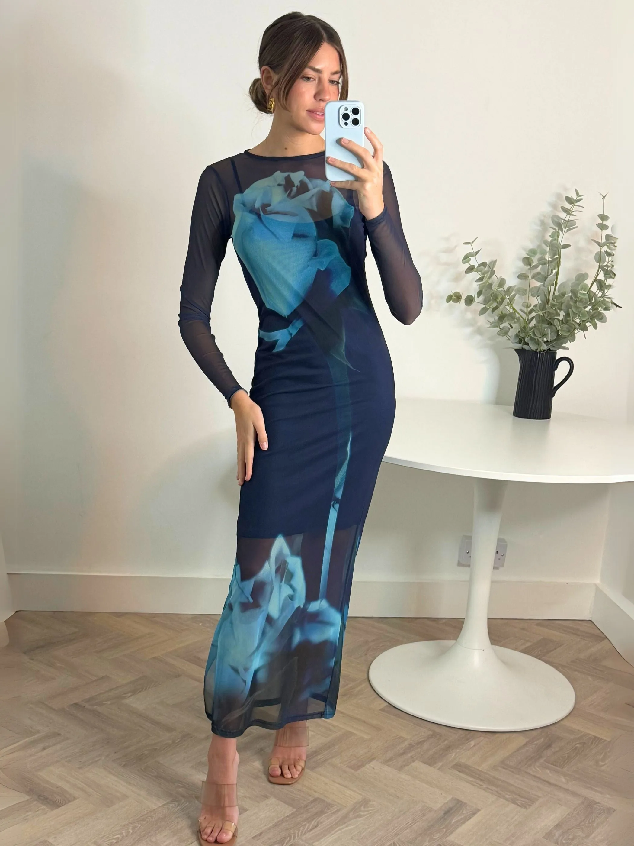 Elma Long Sleeve Mesh Maxi Dress in Blue Floral Bold Design Semi Casual