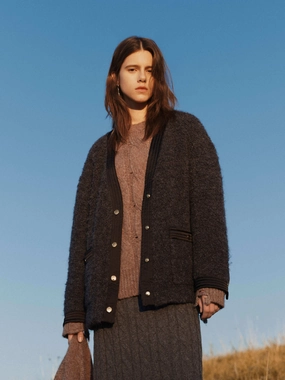 Satin Trimmed V-Neck Jacket Satin Trimmed V-Neck Jacket