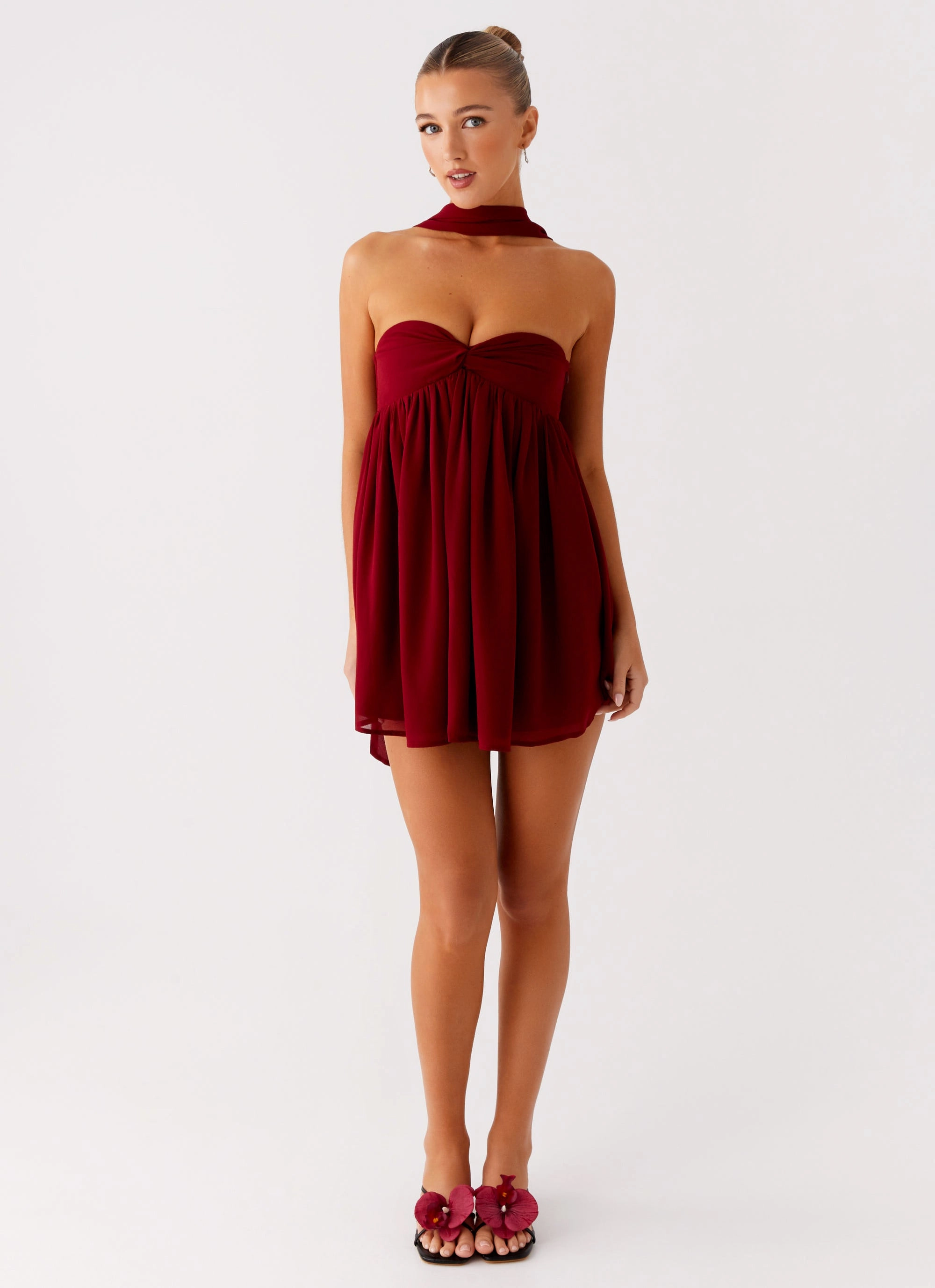 Saturn Mini Dress - Maroon Elastic Fit Feminine off-the-shoulder gown