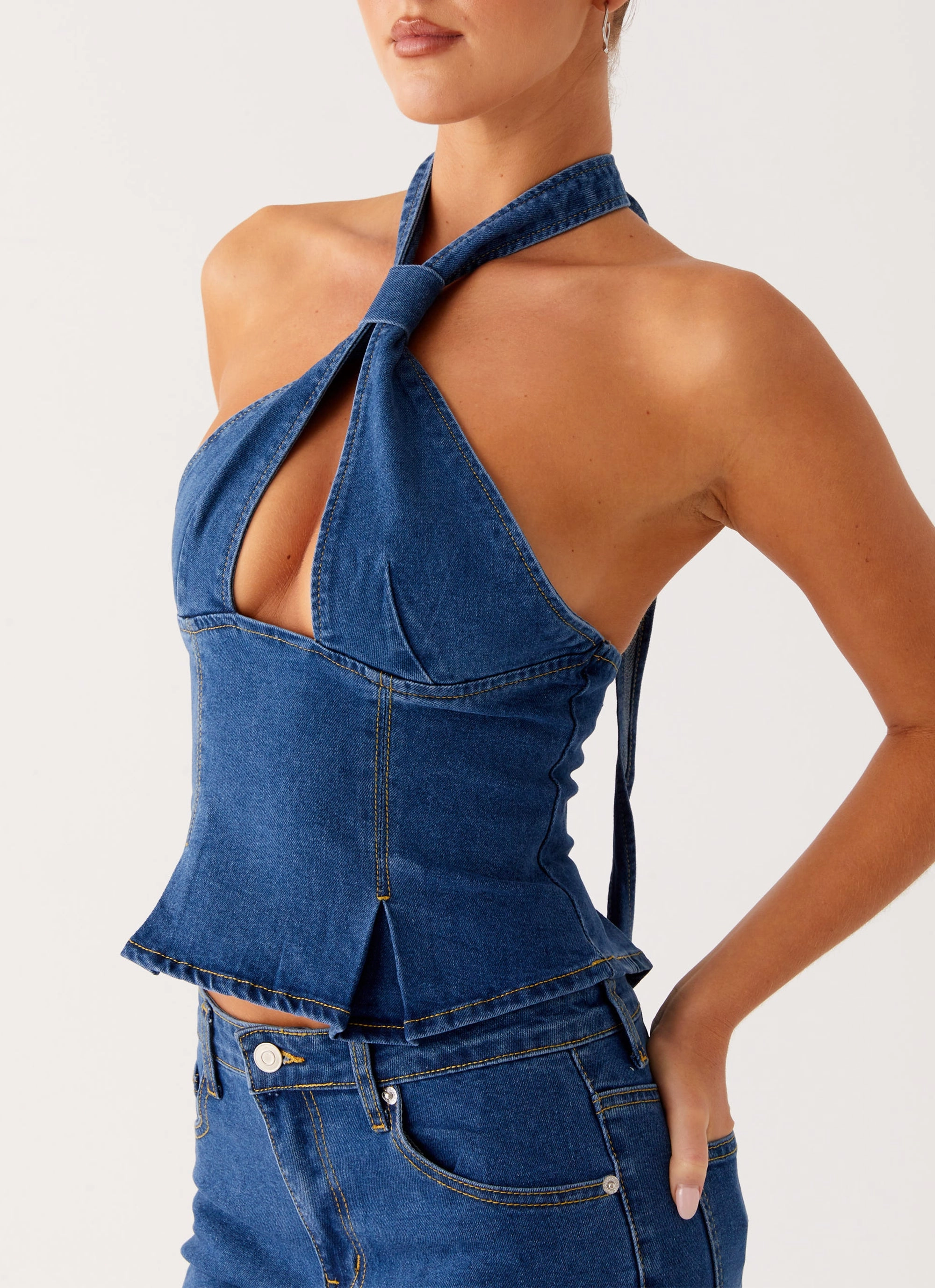 VentilatedArmholes Saylor Halter Denim Top - Indigo