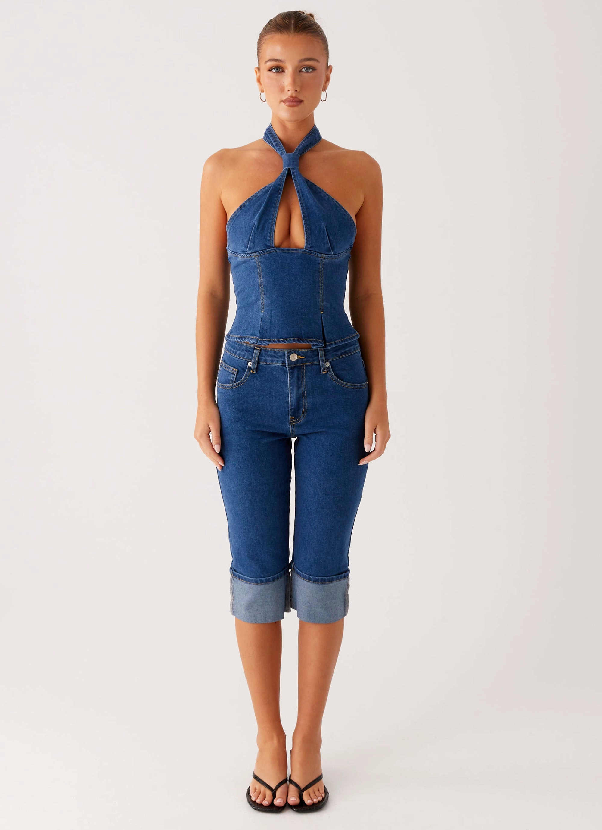 Saylor Halter Denim Top - Indigo MoistureWicking Material
