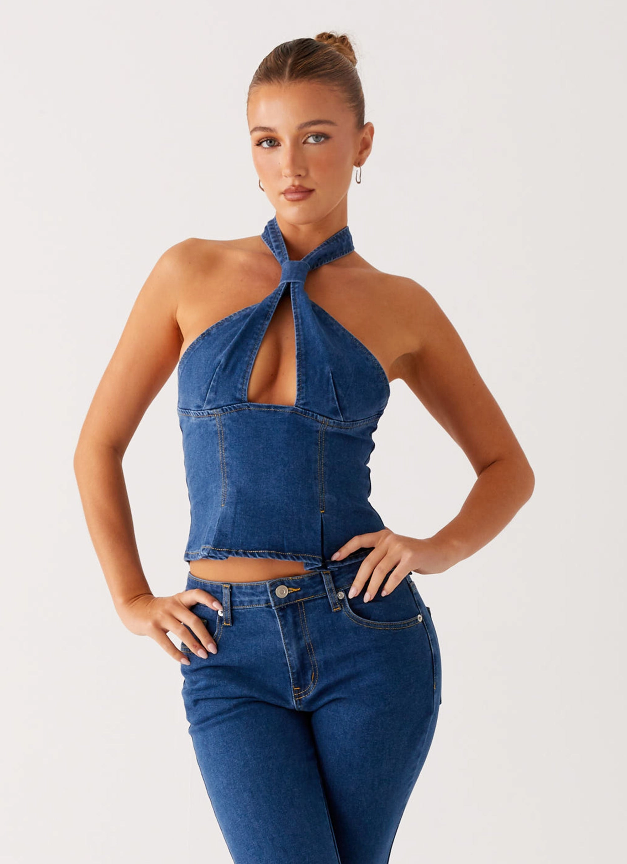 Anti Odor Finish Saylor Halter Denim Top - Indigo