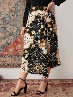 Scarf Print Knot Long Plus Size Skirt