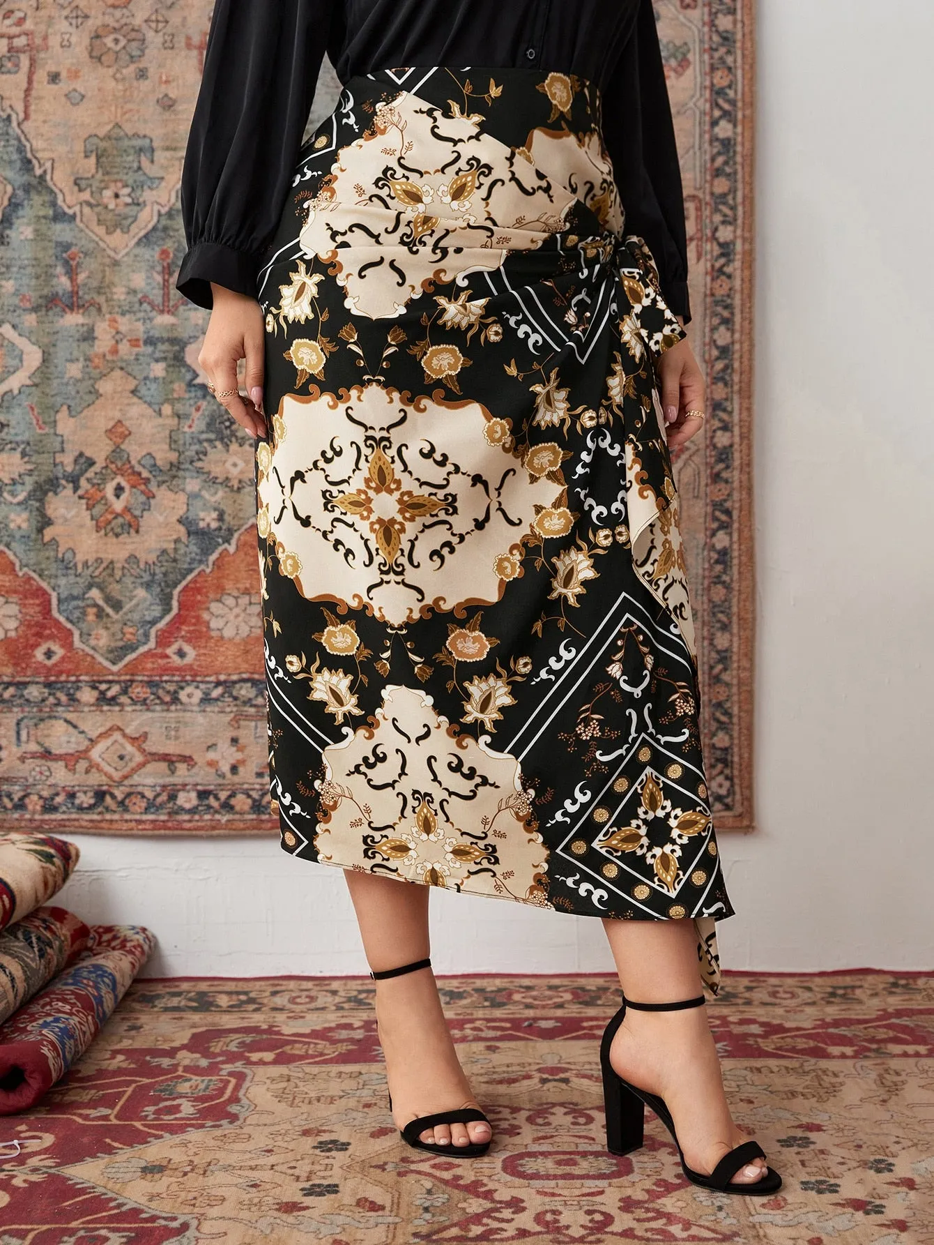 Scarf Print Knot Long Plus Size Skirt