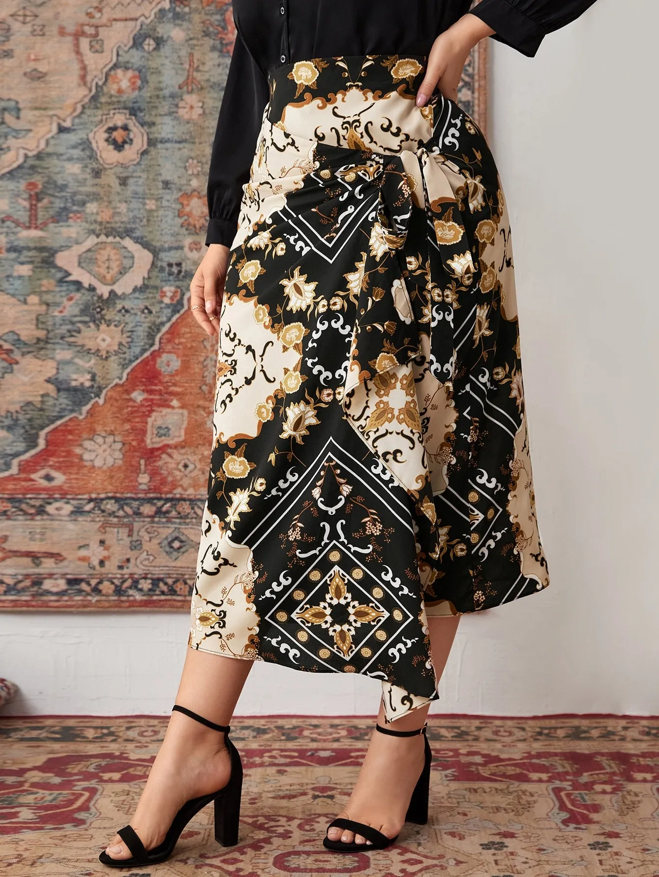 Scarf Print Knot Long Plus Size Skirt