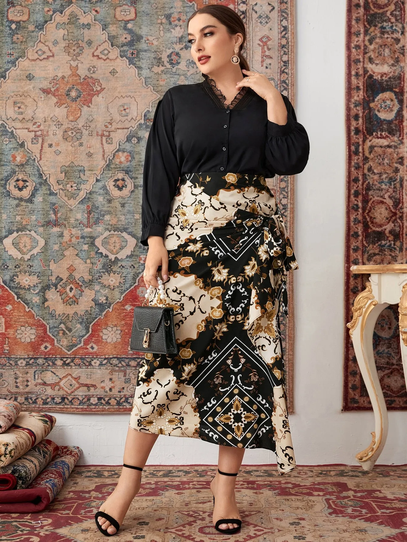 Scarf Print Knot Long Plus Size Skirt