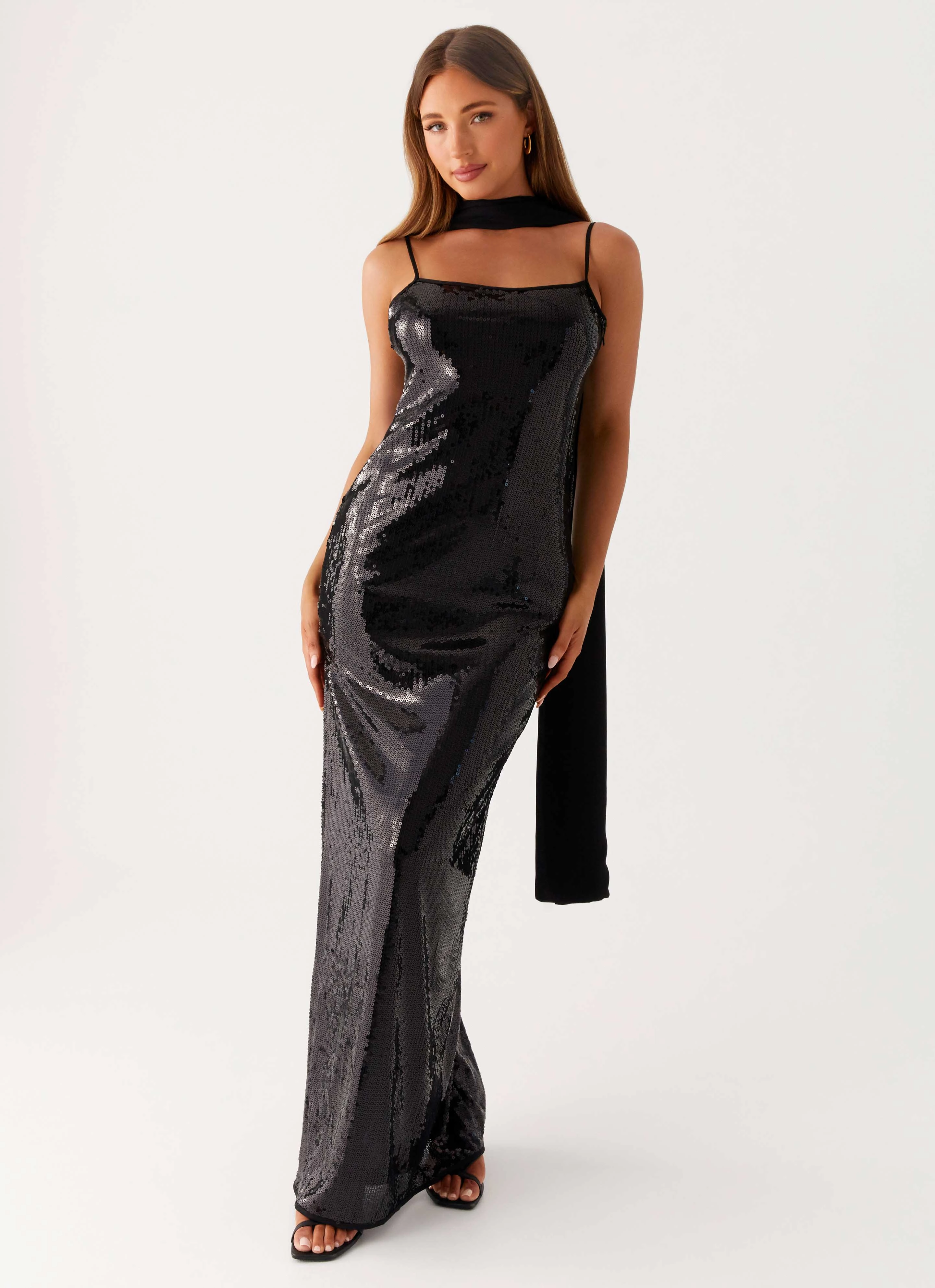 Classic sheath dress Scarf Neck Sequins Maxi Dress - Black