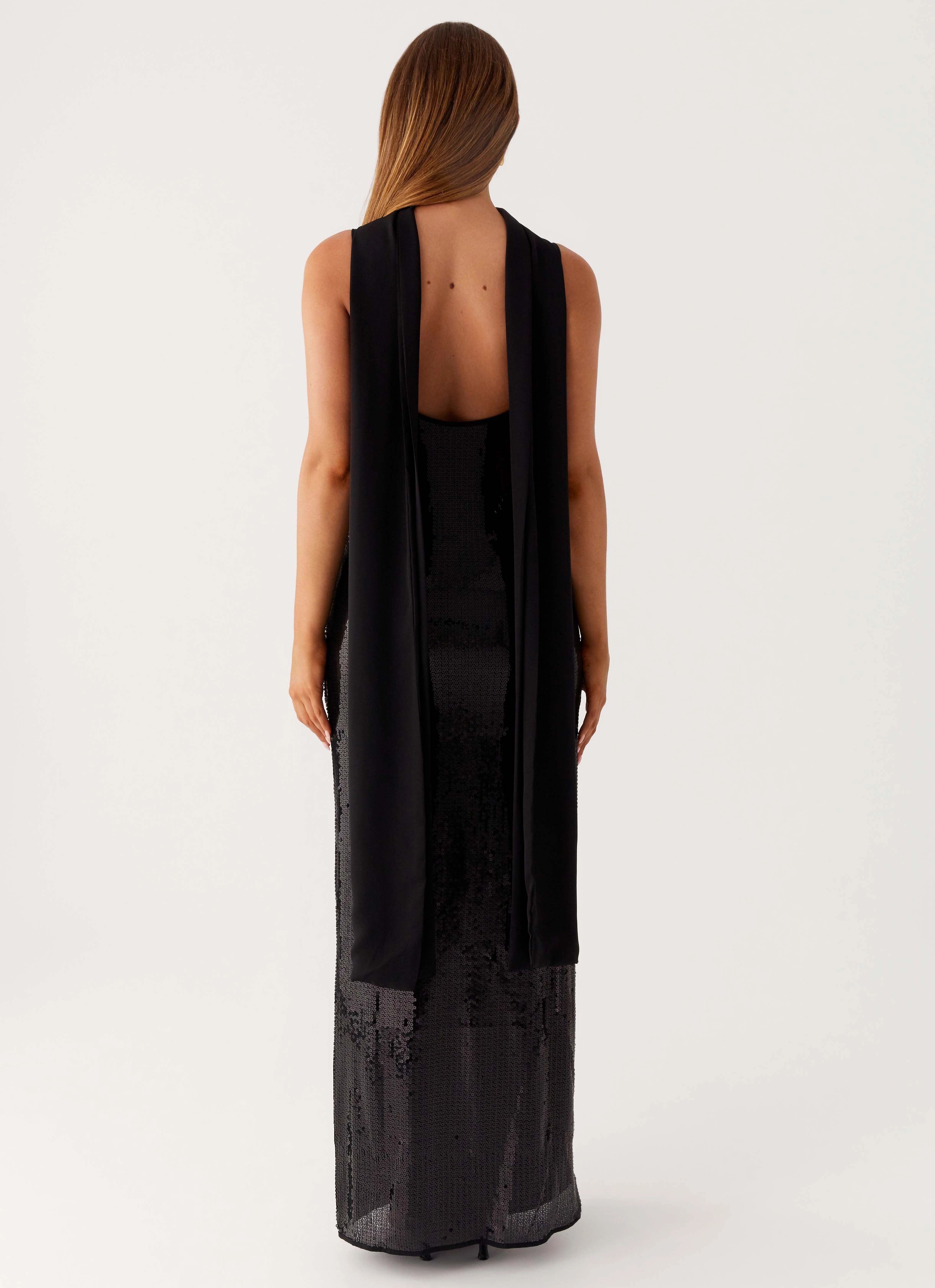Tailored Layers Scarf Neck Sequins Maxi Dress - Black