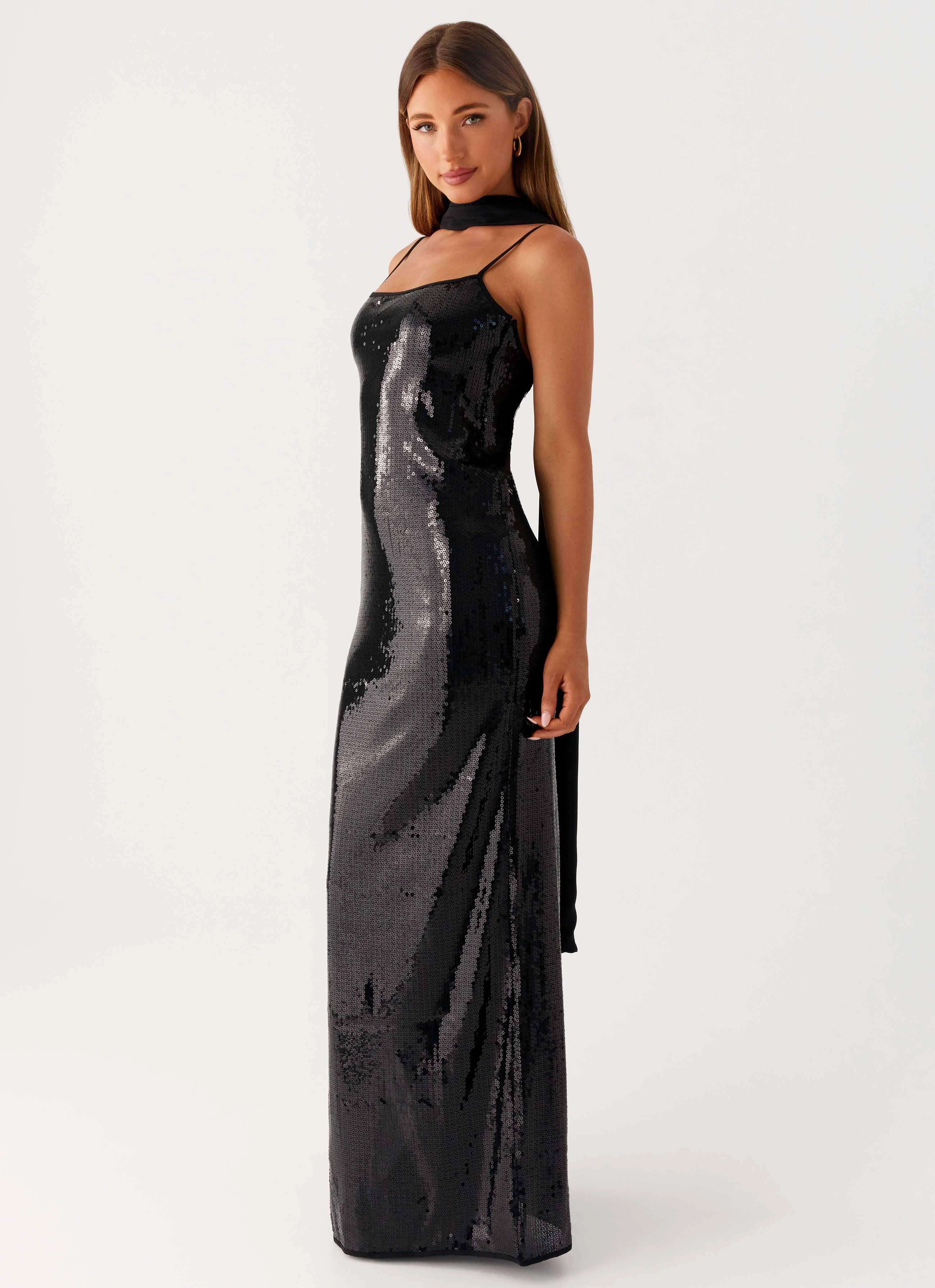 Scarf Neck Sequins Maxi Dress - Black Smile Feel Semi Casual