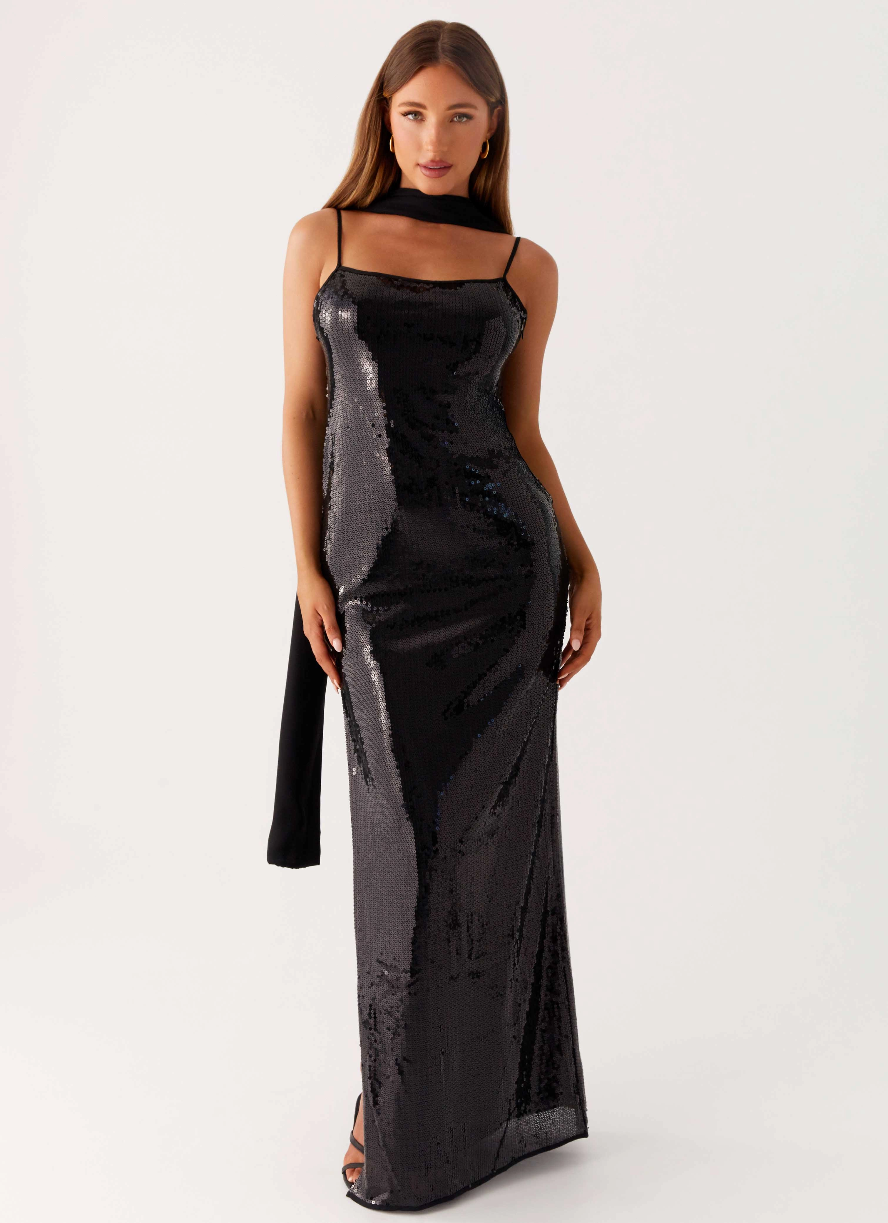 Scarf Neck Sequins Maxi Dress - Black Quick-Dry