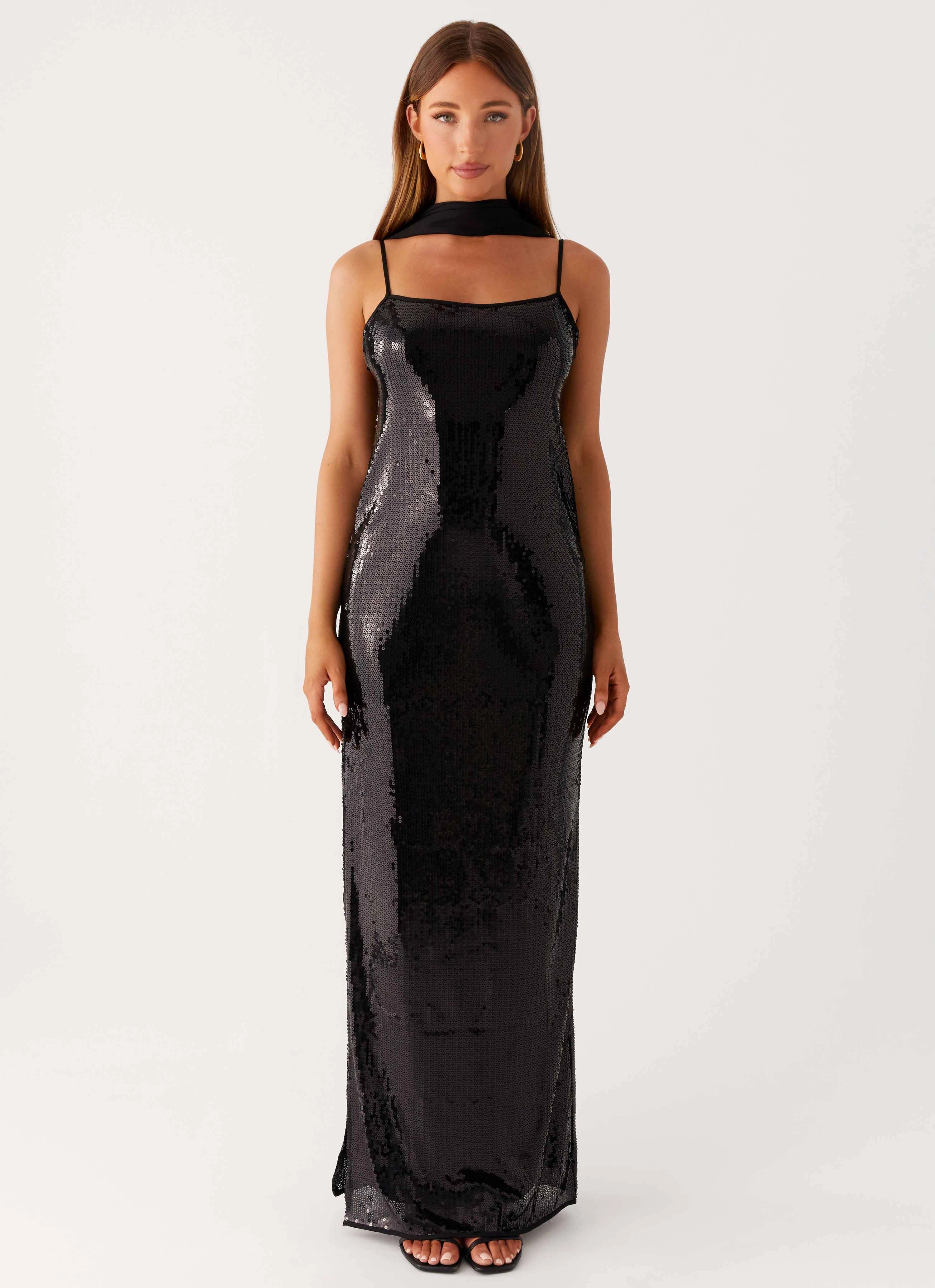 Scarf Neck Sequins Maxi Dress - Black Cotton-Blend