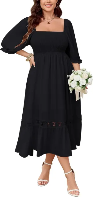 SCOMCHIC Women's Plus Size Maxi Dress Short Sleeve Square Neck Smocked Flowy A-Line Lace Trim Boho Wedding Guest Dresses
