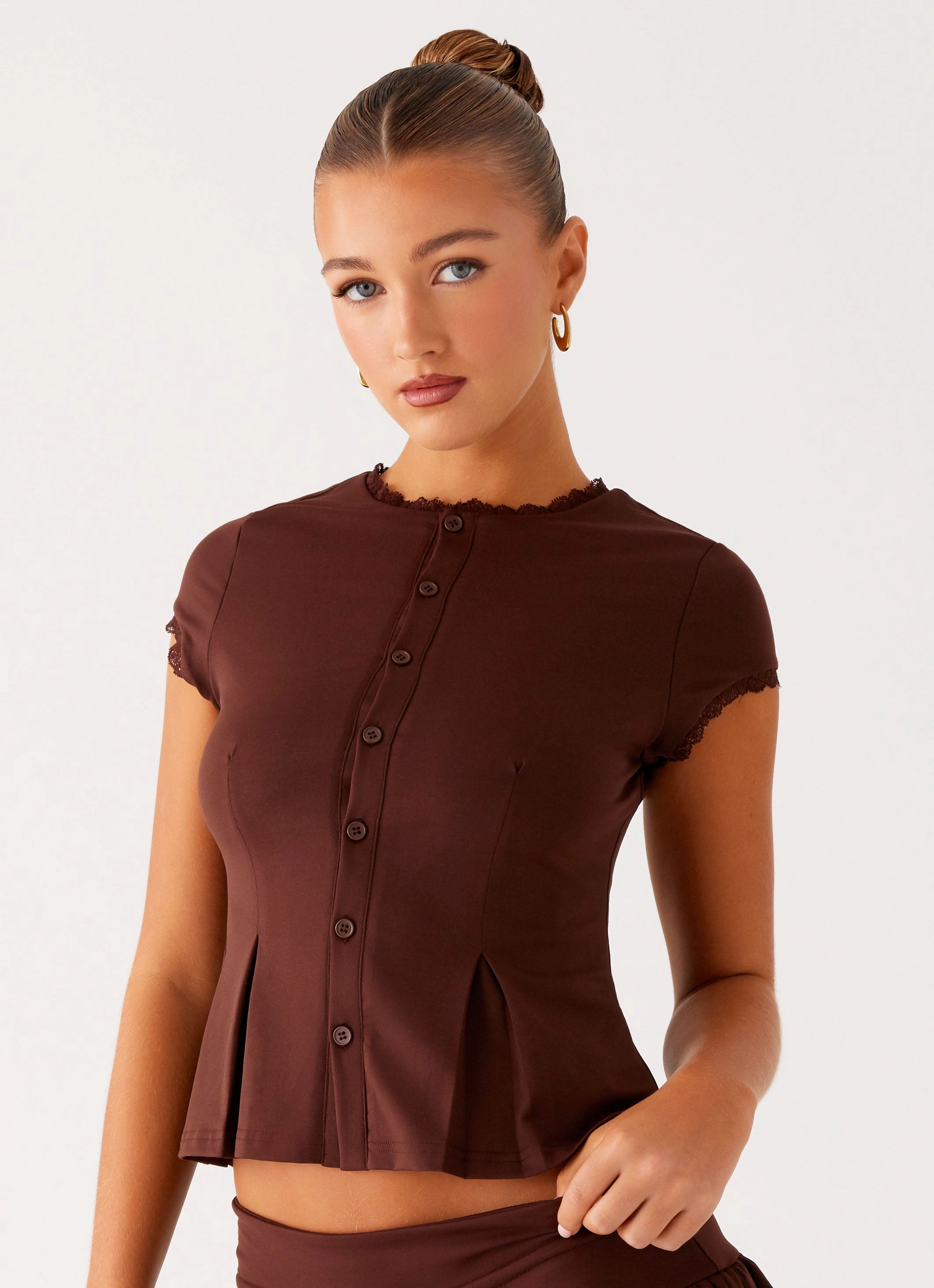 Flexible Fleece Lining Reinforced Shoulder Padding Landon Button Up Top - Chocolate