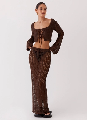 Stretch Weave Fabric Rosalina Crochet Maxi Skirt - Chocolate