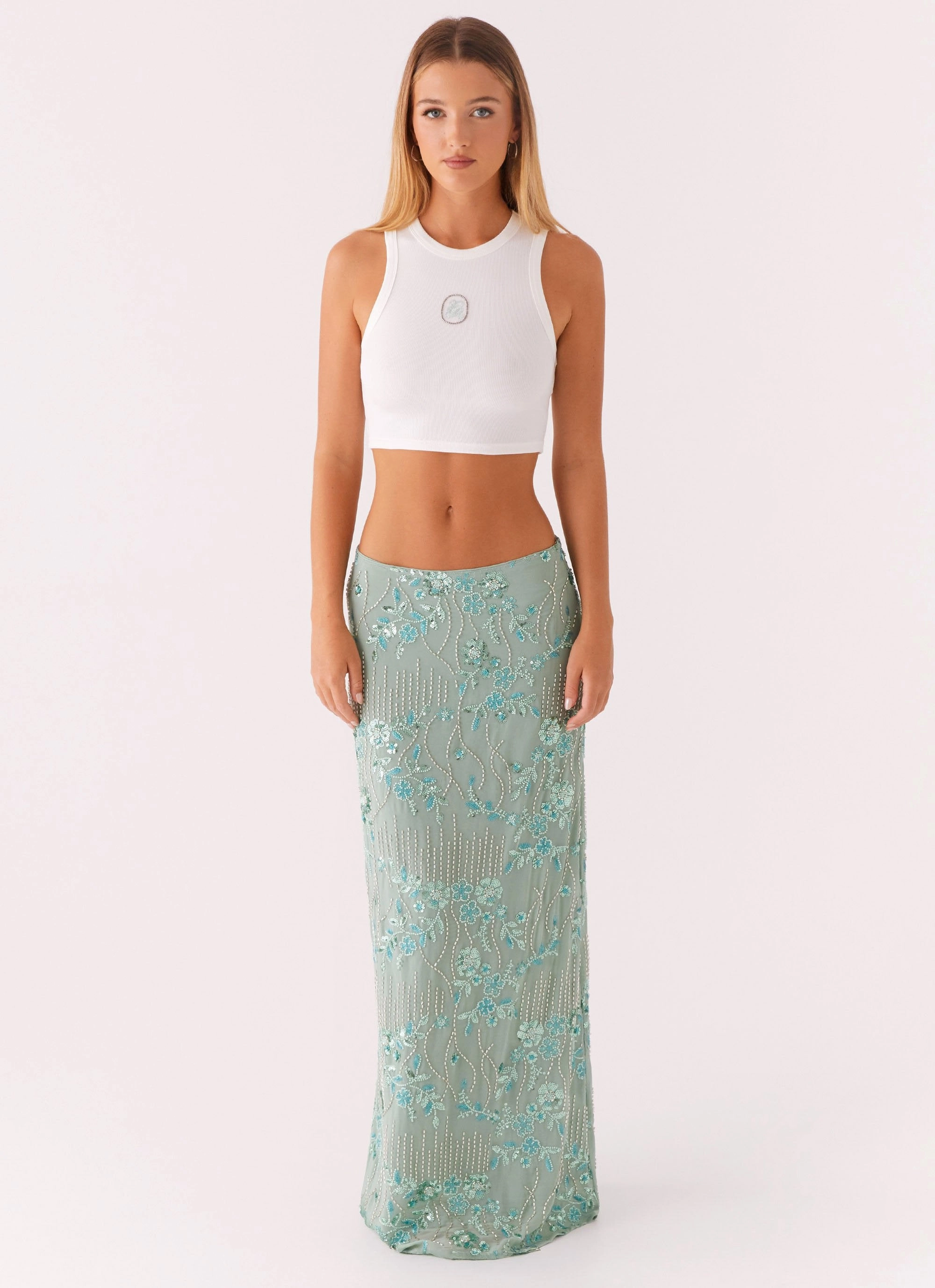 Signature Cropped Beaded Monogram Top - White FlatlockSeamTechnique Contemporary Cut