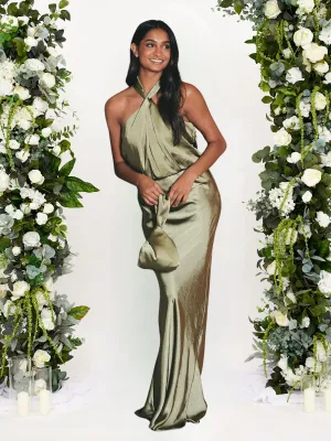 Mini-Length Pure Shape Twist Neck Satin Maxi Dress / Olive Green