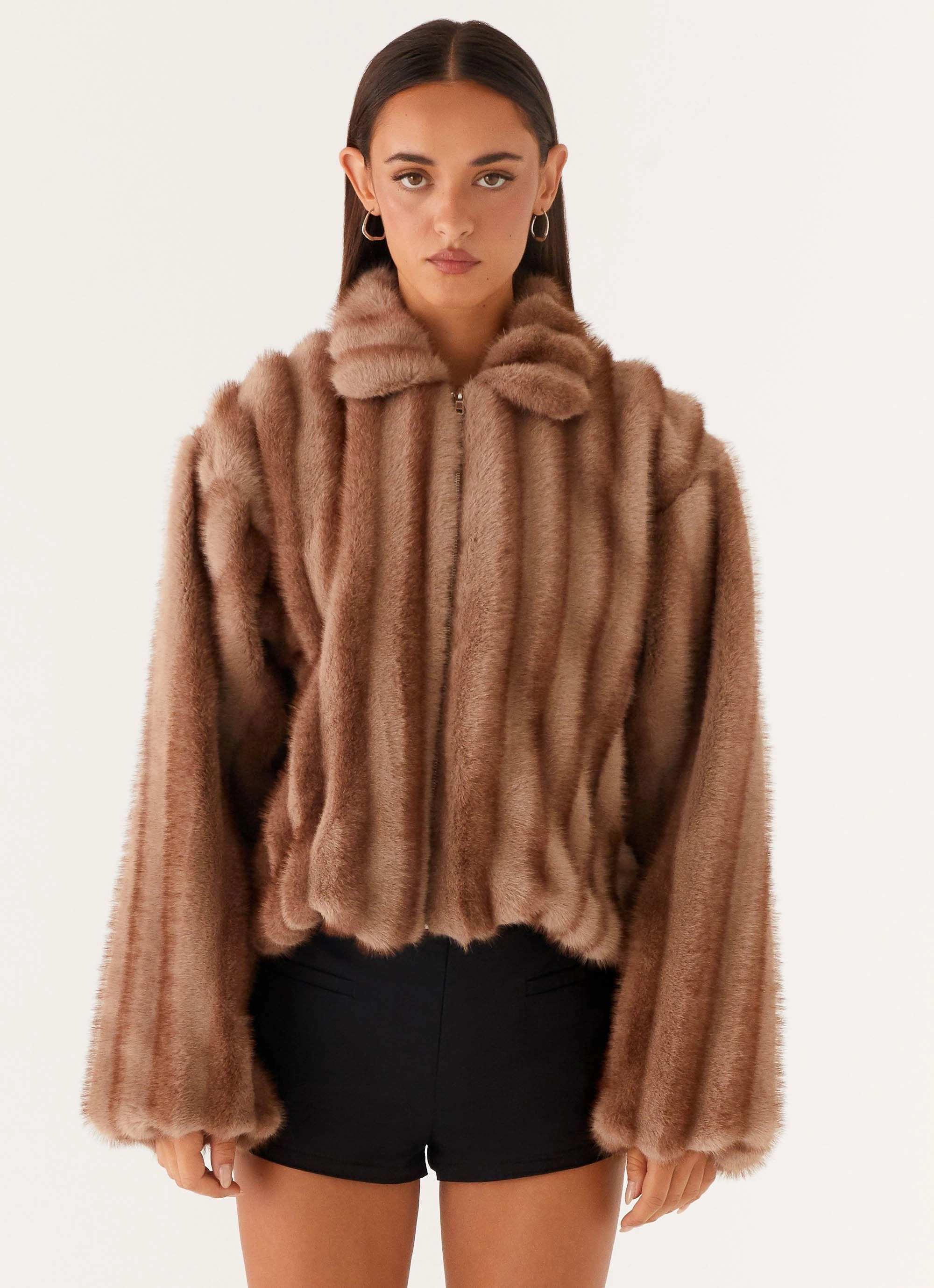 Elastic Hem Adjustment Naylor Faux Fur Jacket - Brown