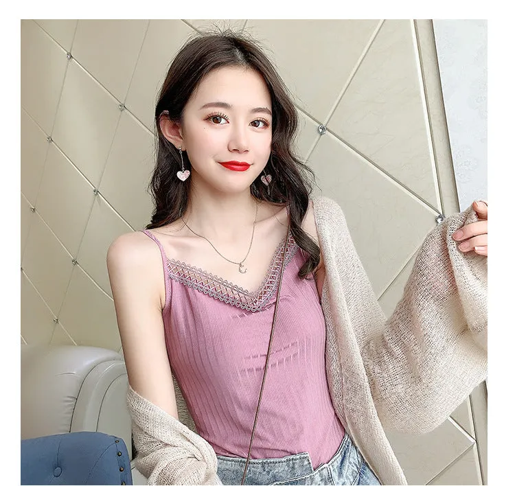 See Through V-Neck Matching Strap Modal Cotton Camisole Women Korean Stretchable Tops Camisole