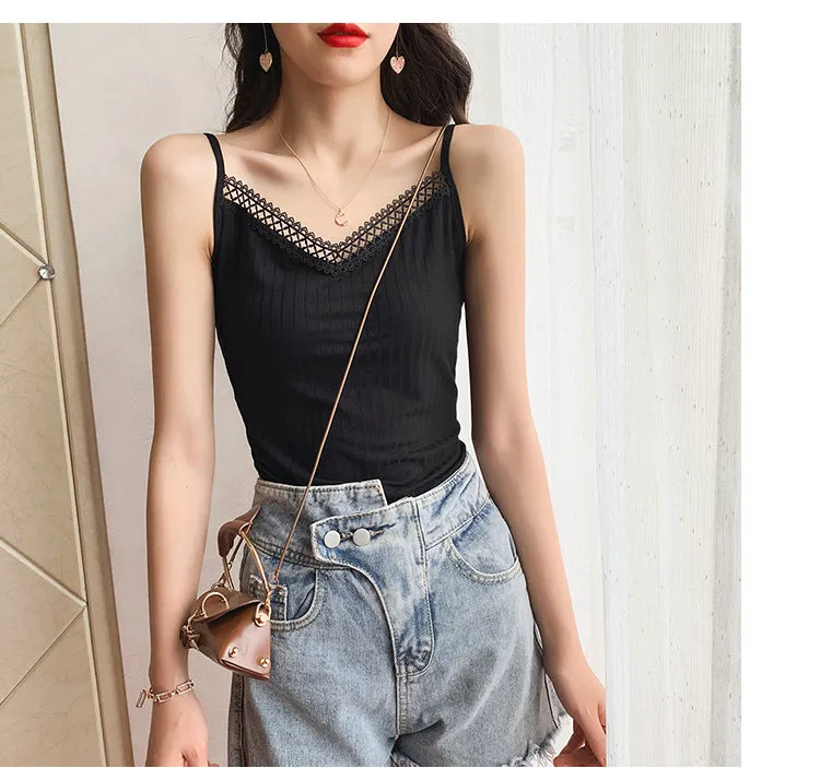 See Through V-Neck Matching Strap Modal Cotton Camisole Women Korean Stretchable Tops Camisole
