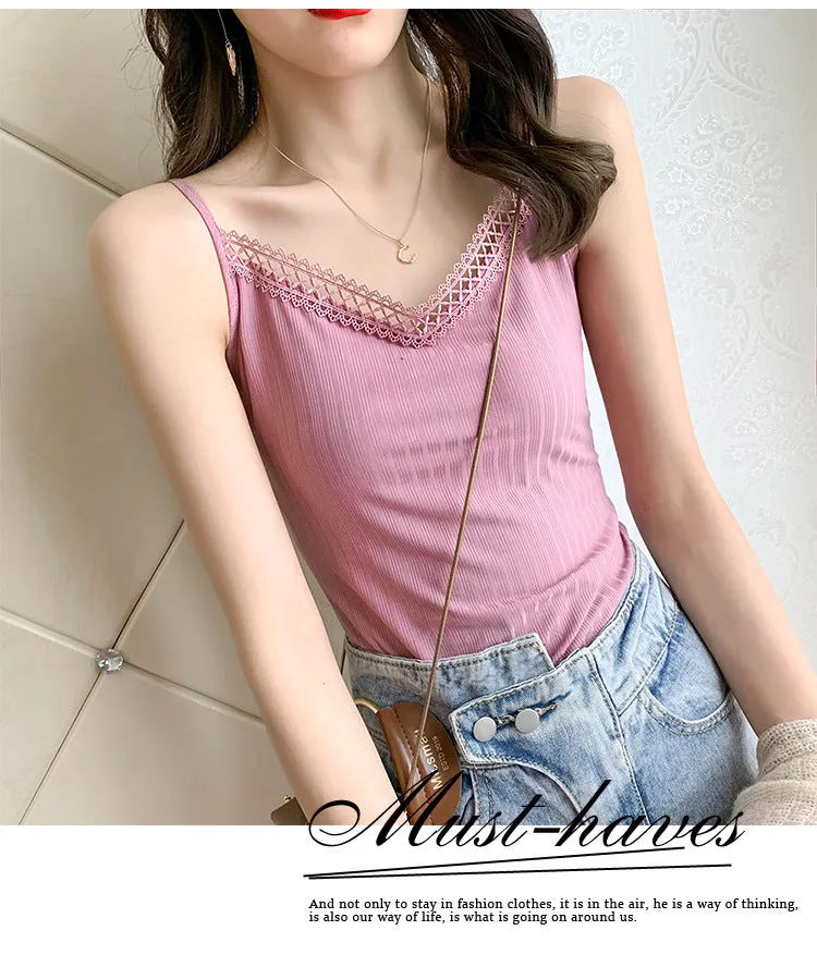 See Through V-Neck Matching Strap Modal Cotton Camisole Women Korean Stretchable Tops Camisole