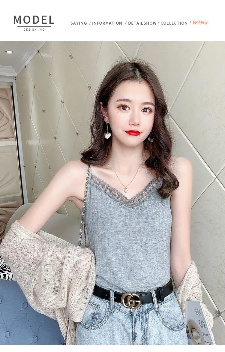 See Through V-Neck Matching Strap Modal Cotton Camisole Women Korean Stretchable Tops Camisole