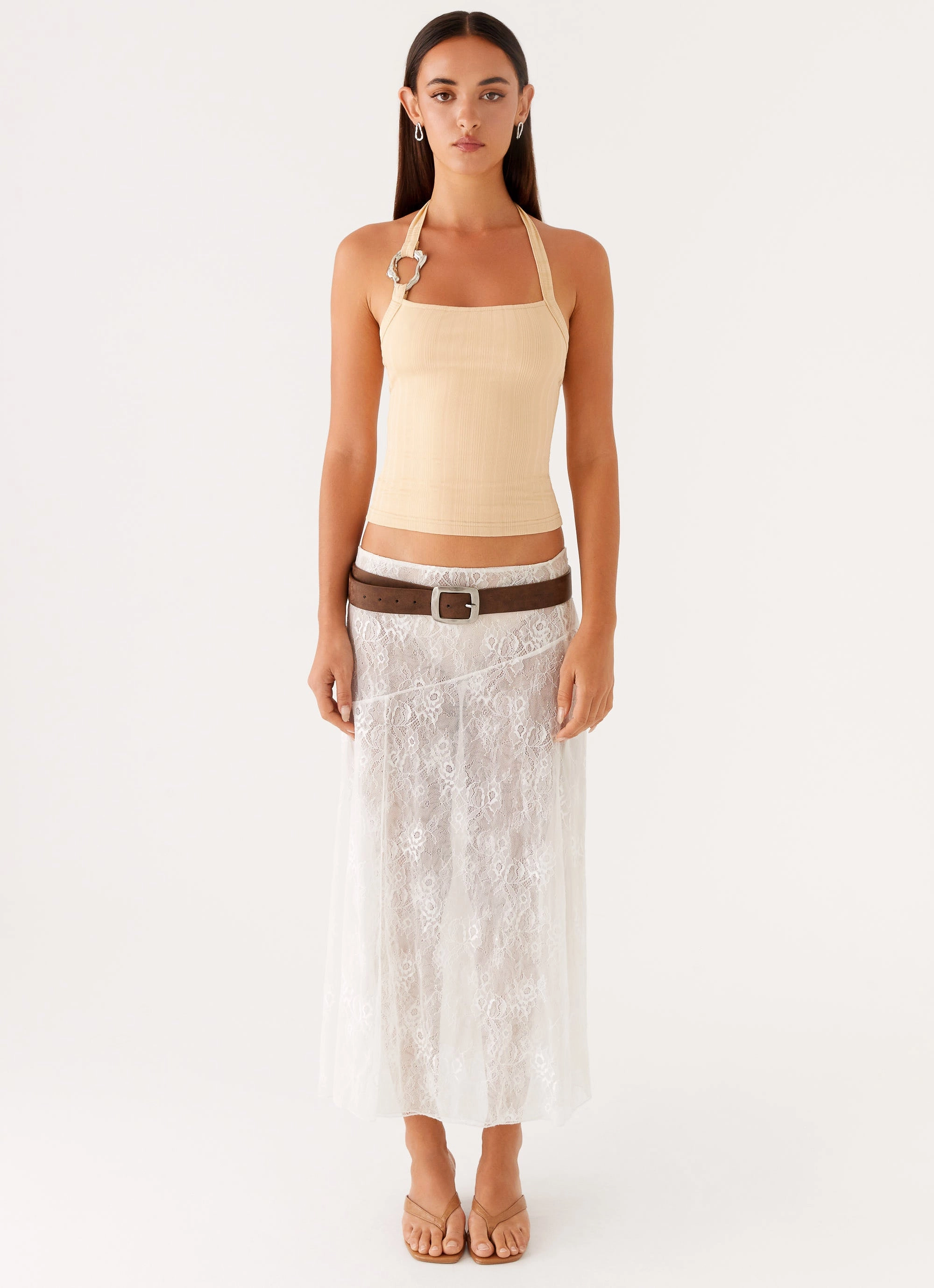 Selene Halter Top - Tan Fleece Pullover Reflective Detailing