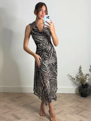 Senna V Neck Ruched Mesh Dress in Zebra Artistic Edge