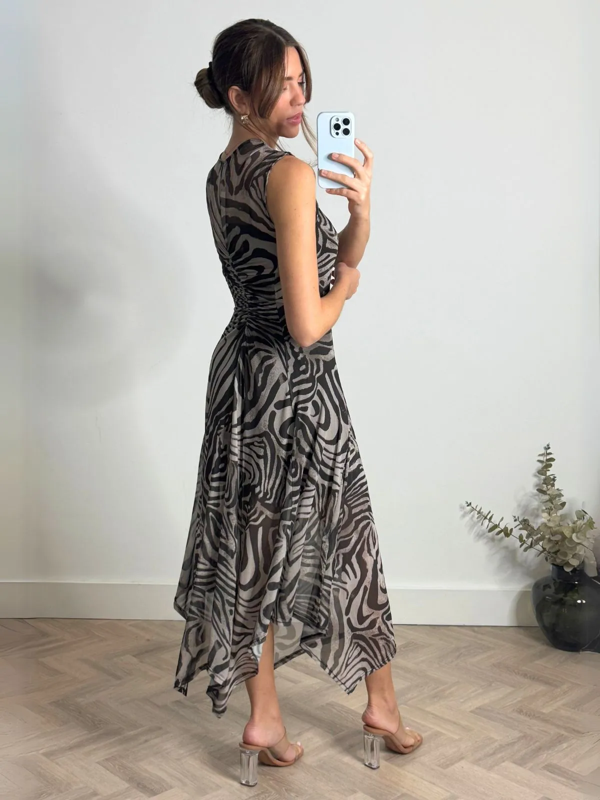 Senna V Neck Ruched Mesh Dress in Zebra Soft Harmony