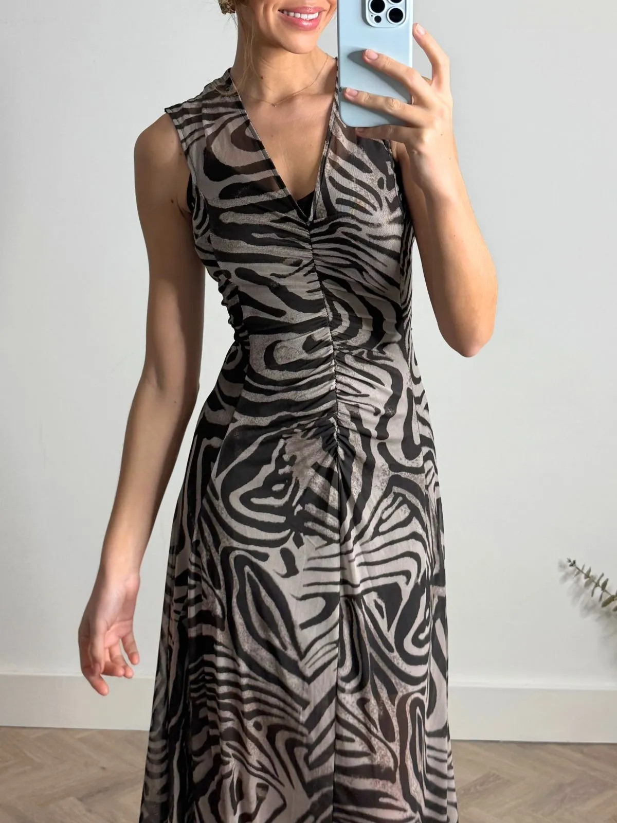 Chic Ensemble Senna V Neck Ruched Mesh Dress in Zebra