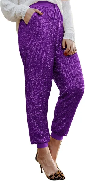 Sequin Joggers for Women Drawstring Elastic Waist Sparkly Lounge Pants Casual Glitter Party Clubwear Pencil Pants