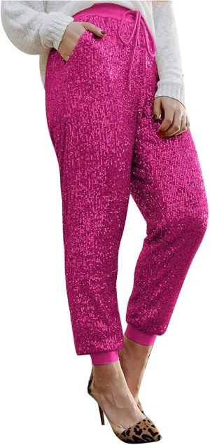 Sequin Joggers for Women Drawstring Elastic Waist Sparkly Lounge Pants Casual Glitter Party Clubwear Pencil Pants
