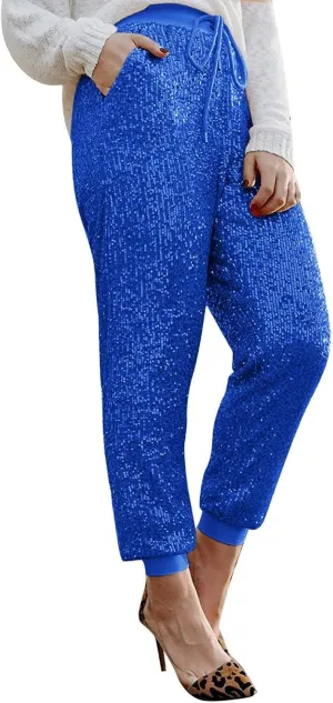 Sequin Joggers for Women Drawstring Elastic Waist Sparkly Lounge Pants Casual Glitter Party Clubwear Pencil Pants