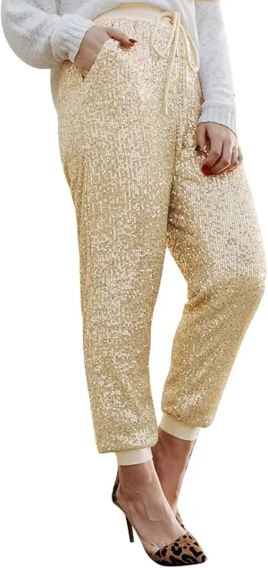 Sequin Joggers for Women Drawstring Elastic Waist Sparkly Lounge Pants Casual Glitter Party Clubwear Pencil Pants