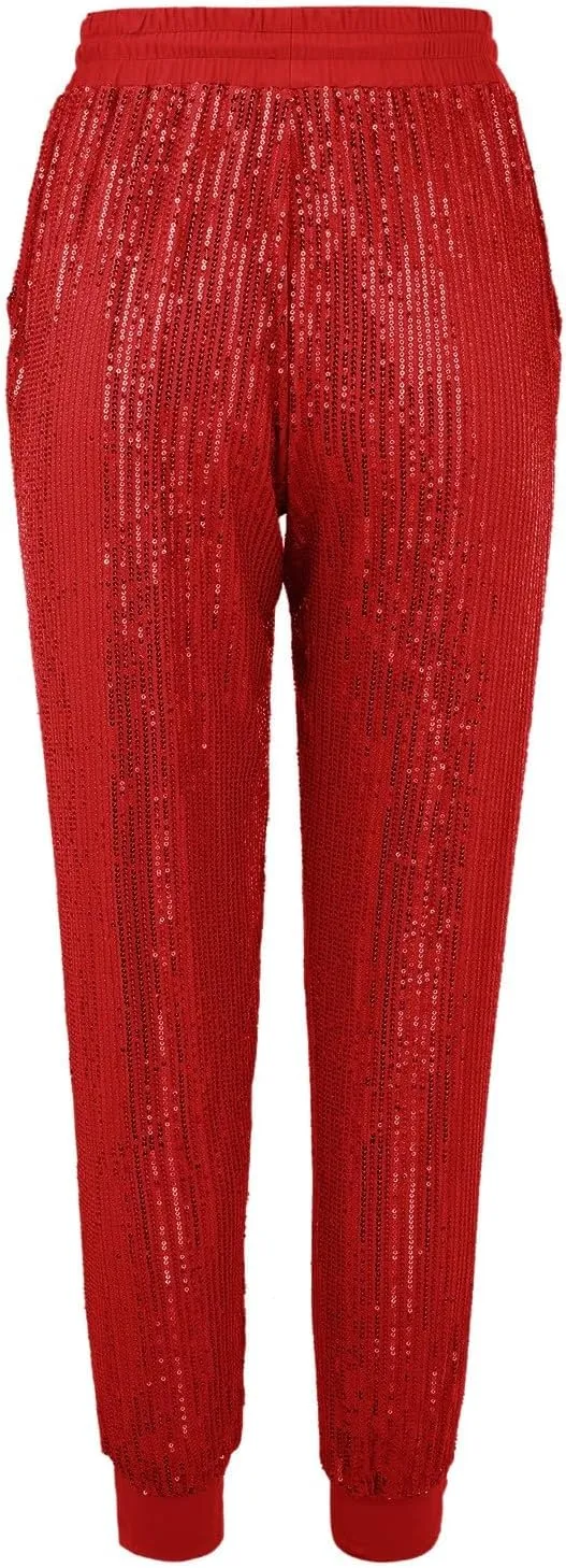 Sequin Joggers for Women Drawstring Elastic Waist Sparkly Lounge Pants Casual Glitter Party Clubwear Pencil Pants