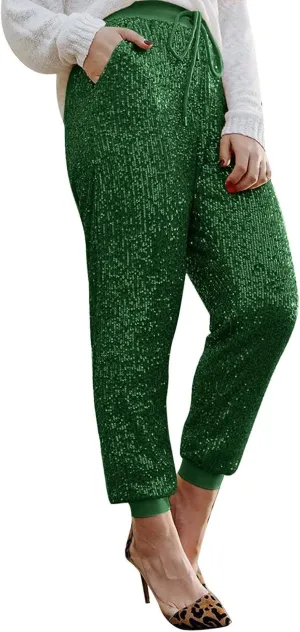 Sequin Joggers for Women Drawstring Elastic Waist Sparkly Lounge Pants Casual Glitter Party Clubwear Pencil Pants