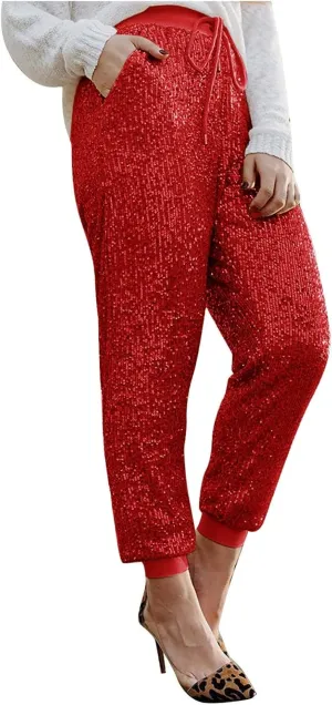 Sequin Joggers for Women Drawstring Elastic Waist Sparkly Lounge Pants Casual Glitter Party Clubwear Pencil Pants