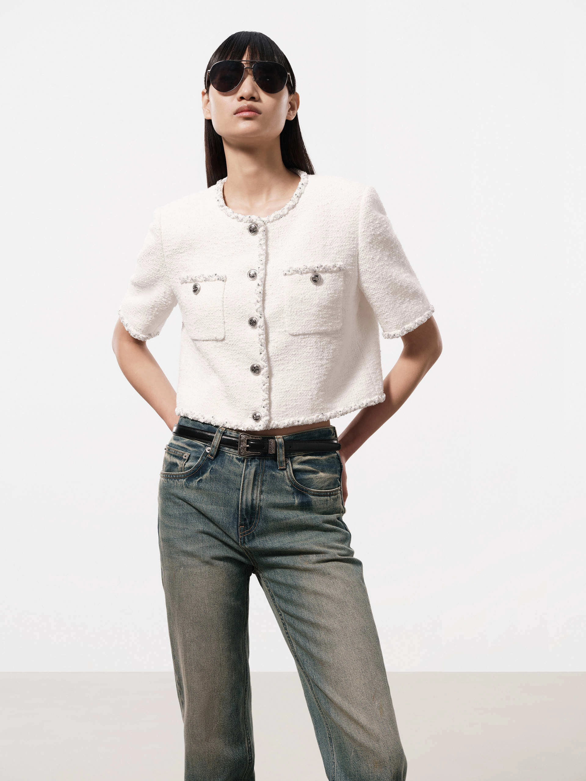 Sequins Trim Tweed Jacket