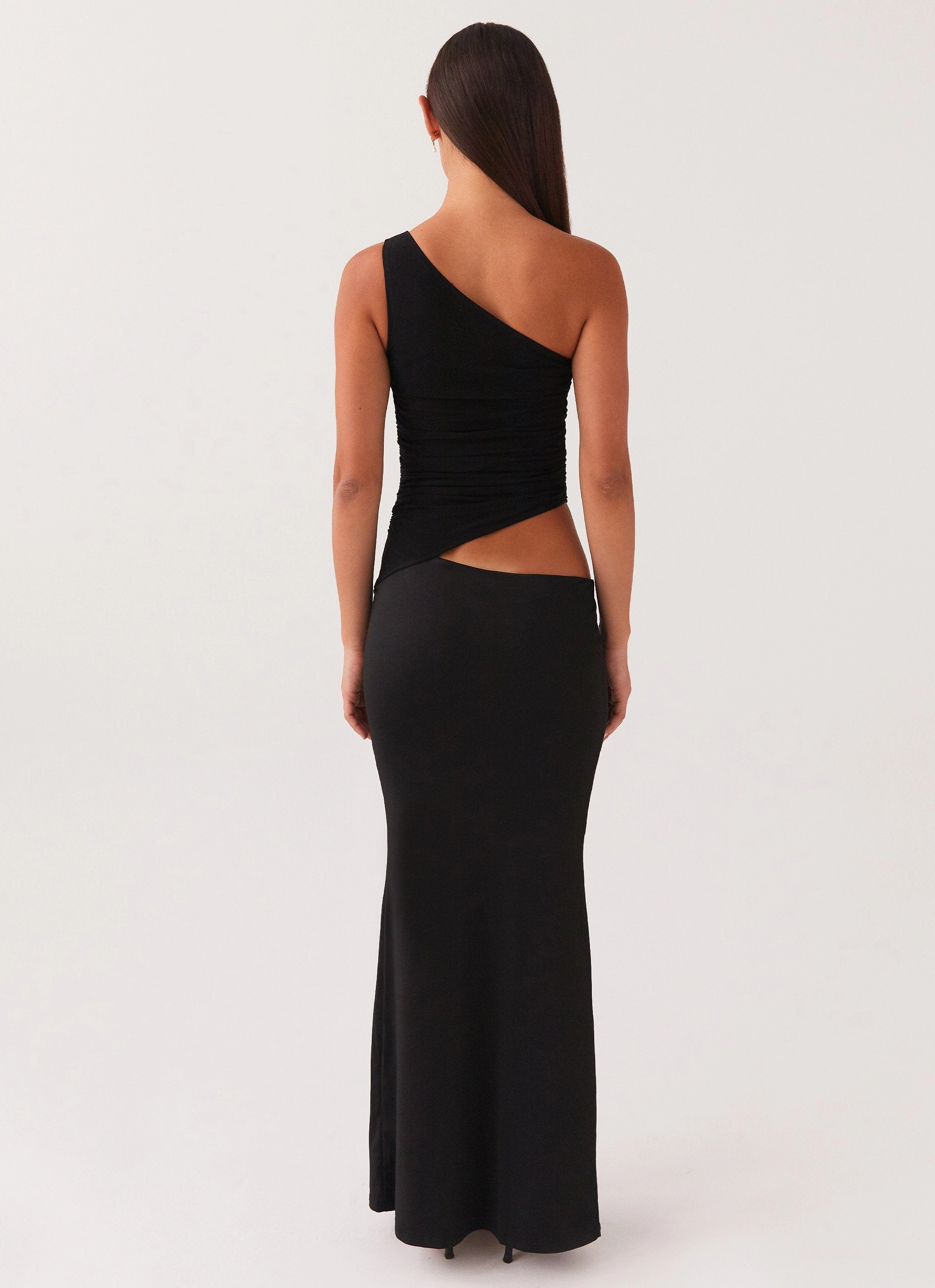 Seranella One Shoulder Maxi Dress - Black Shirred-Detail