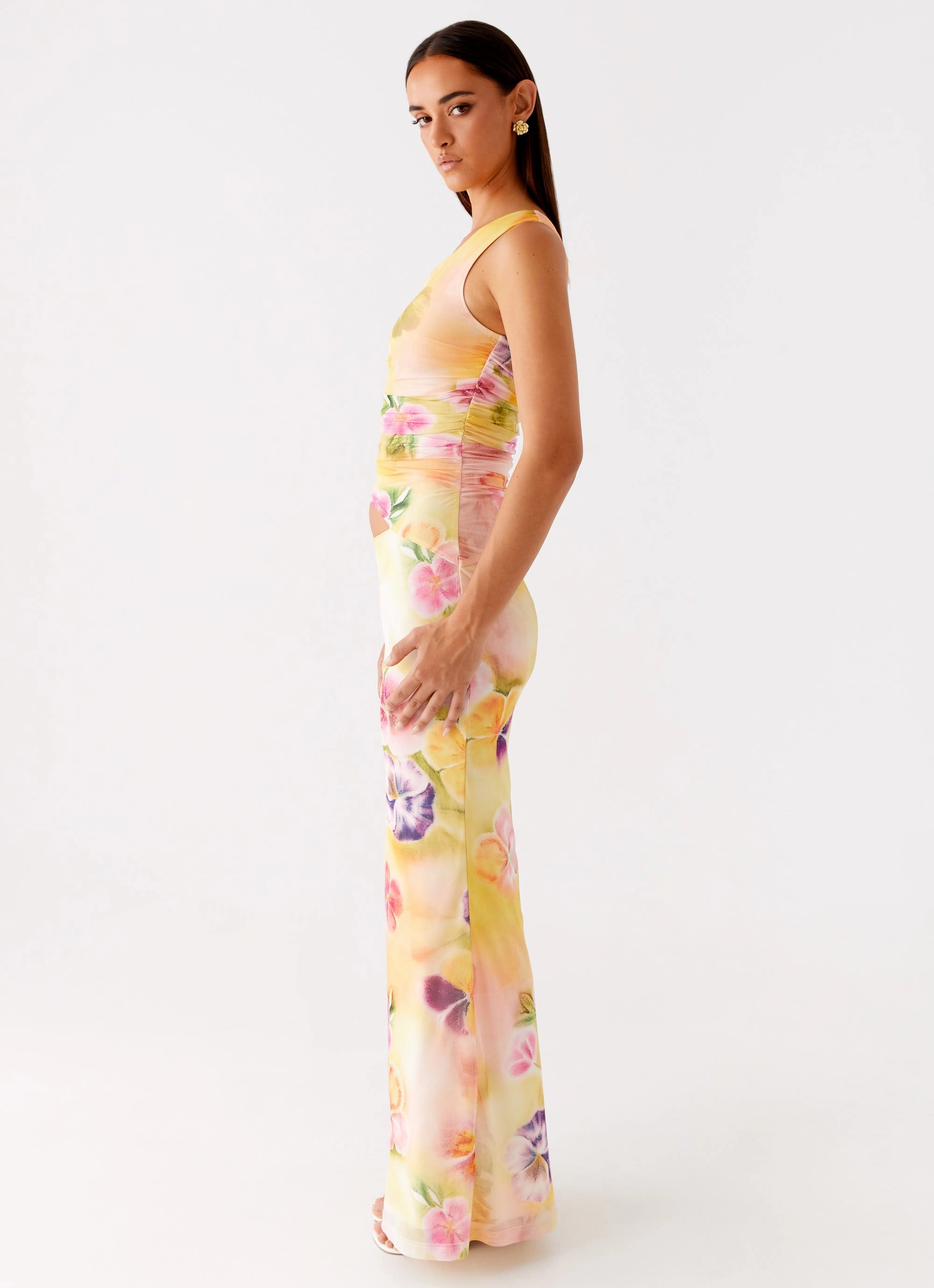 Seranella One Shoulder Maxi Dress - Sunburst Floral Stylish Comfort Work-Ready Look